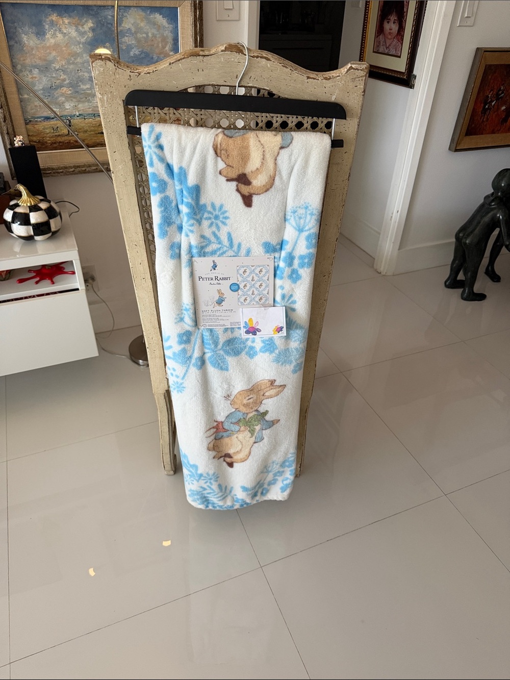 Beatrix Potter Peter Rabbit Blue & White Floral Print Plush Throw Blanket